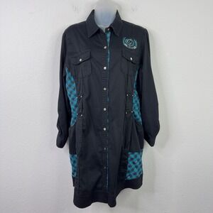 COOGI Shirt Dress Women 2X Black Turquoise Plaid Embroidered Y2K Hip Hop Utility